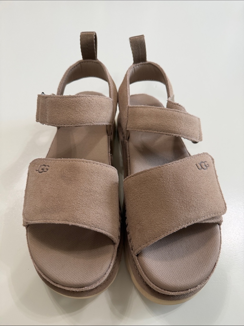 UGG Taupe Suede Velcro Platform Sandals